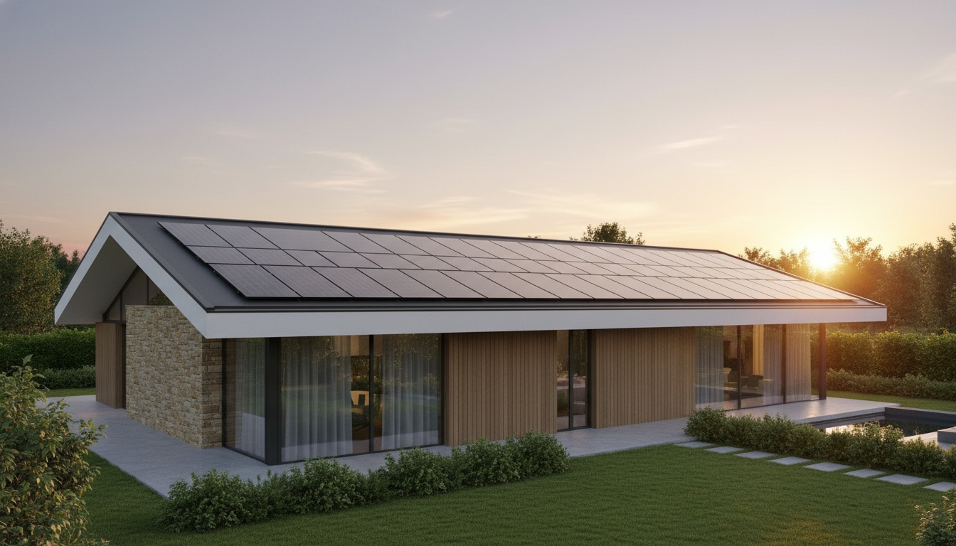 Modern home with flat plate solar collectors integrated into the roof for a clean architectural split solar water heater design